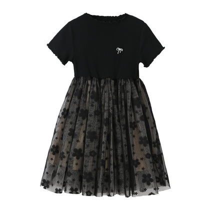 Solid Black Short Sleeve Mesh Dress For Children Girl