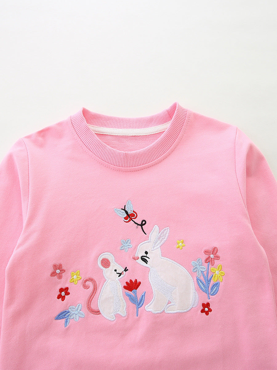 Autumn and Spring Arrival Rabbits Cartoon Pattern Long Sleeves Pullover for Stylish Girls