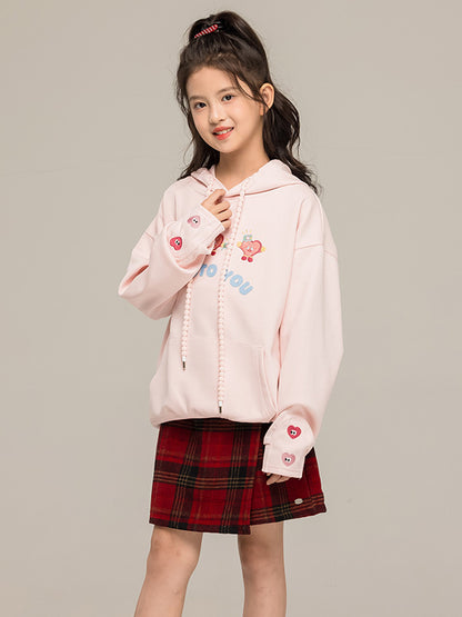 Arrival Autumn Kids Girls Long Sleeves Cartoon Embroidered Pattern Hoodie and Plaid Skirt Clothing Set