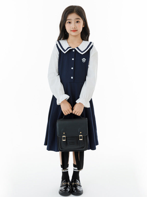 Autumn Arrival Long Sleeves Color Patchwork Preppy One-Piece Navy Collar Dress for Stylish Girls