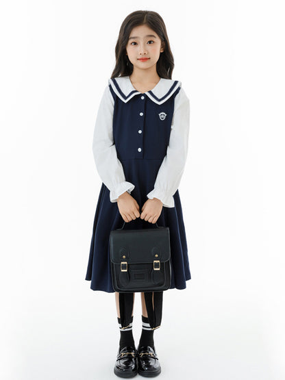 Autumn Arrival Long Sleeves Color Patchwork Preppy One-Piece Navy Collar Dress for Stylish Girls
