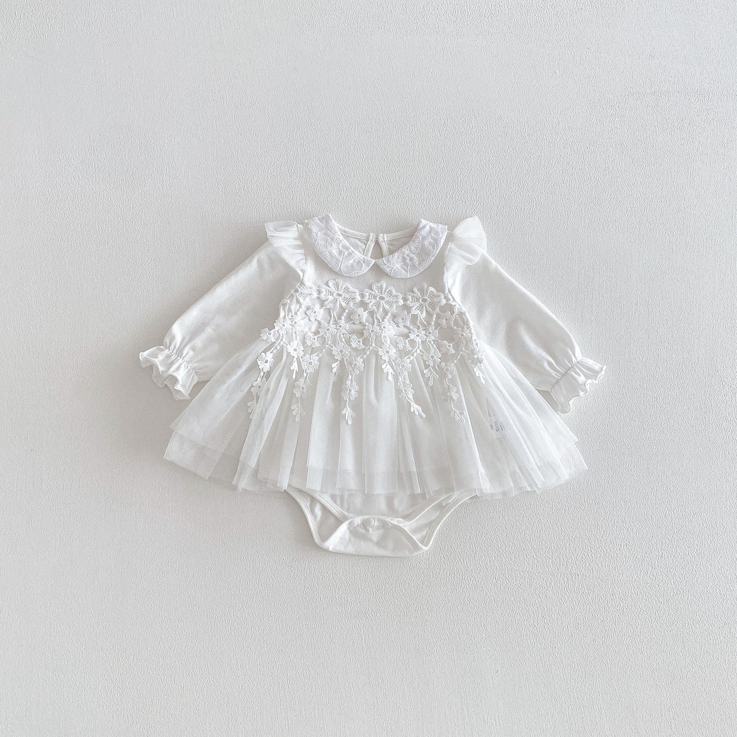 Spring Arrival Baby Girls Long Sleeves Flowers Pattern Tulle Decorated Bodysuit Dress, MyKids-USA®, Baby & Toddler Dresses, MyKids-USA - Size/Age - 66 (3-6M) - Color - Beige -  -  - TR2601311515-A.