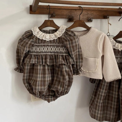 Autumn Arrival Baby Girls Long Sleeves Lace Trim Collar Plaid Bodysuit