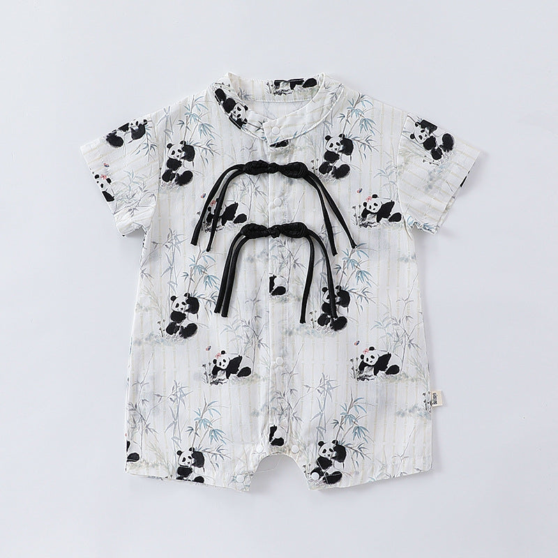 Summer Hot Selling Baby Unisex Panda Print Striped Single Breasted Onesies And Romper Clothing Set