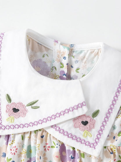 Summer Hot Selling Baby Girls Floral Pattern Fly Sleeves Embroidered Collar Onesies