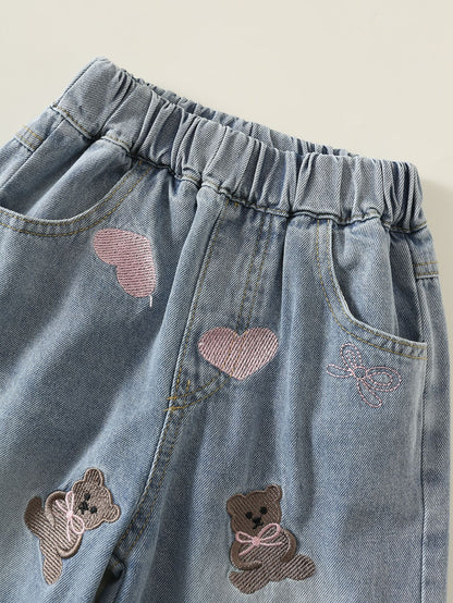 MyKids-USA® Arrival Autumn Girls Teddy Bear and Heart Pattern Jeans