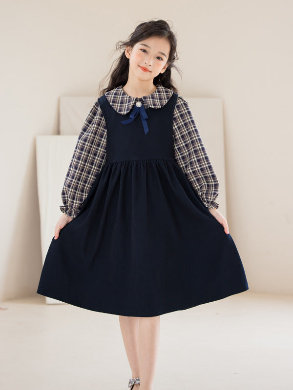 Arrival Autumn Kids Girls Long Sleeves Preppy Plaid Top and Sleeveless Dress Sets