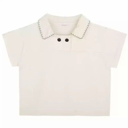 Summer Baby Kids Unisex Lace Trim Turn-down Collar Short Sleeves Casual Top Shirt and Black Overalls, MyKids-USA®, Baby & Toddler Outfits, MyKids-USA - Size/Age - 73 (6-9M) - Color - Beige -  -  - TR2505112202-B