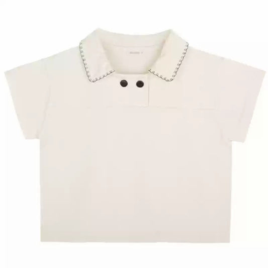 Summer Baby Kids Unisex Lace Trim Turn-down Collar Short Sleeves Casual Top Shirt and Black Overalls, MyKids-USA®, Baby & Toddler Outfits, MyKids-USA - Size/Age - 73 (6-9M) - Color - Beige -  -  - TR2505112202-B.