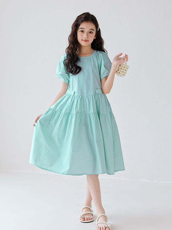 Hot Selling Summer Kids Girls Simple Style Solid Color Plain Cotton Short Sleeves Green Dress - 120 (5-7Y) / Green Hot Selling Summer Kids Girls Simple Style Solid Color Plain Cotton Short Sleeves Green Dress - 120 (5-7Y) / Green