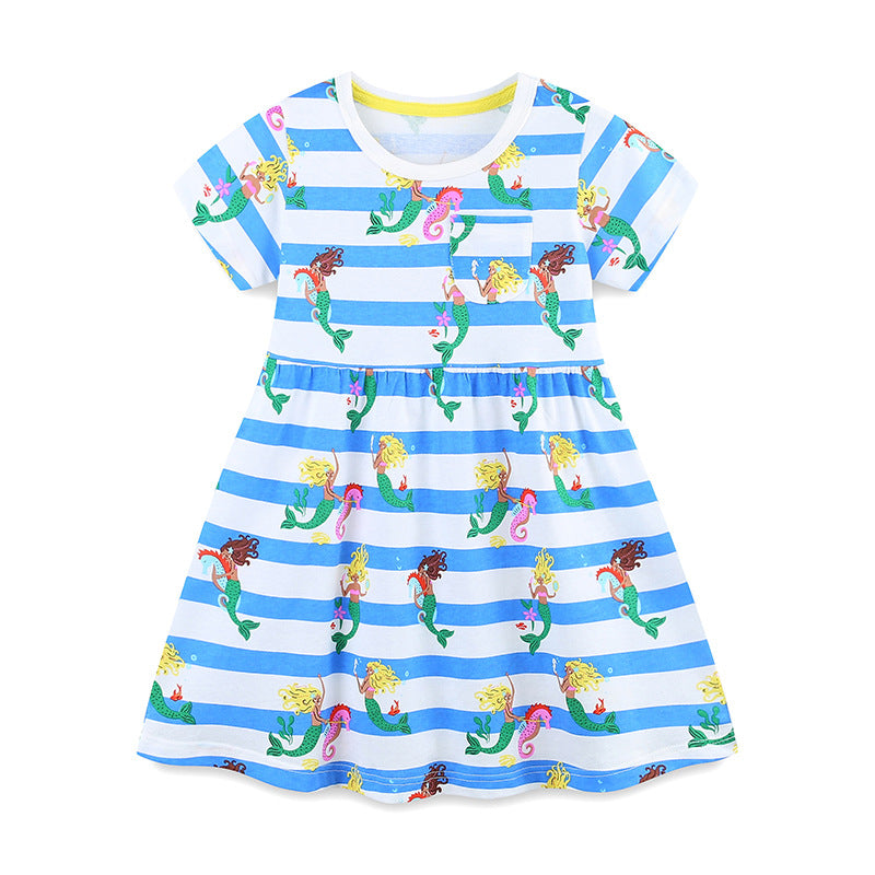 Summer Arrival Mermaids Cartoon Pattern Short Sleeves Dress for Stylish Girls, MyKids-USA®, Baby & Toddler Dresses, MyKids-USA - Size/Age - 90 (12-24M) - Color - Blue -  -  - TR2505252146-A