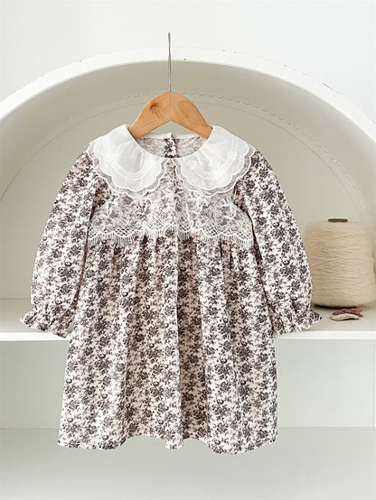 Spring and Autumn Floral Printed and Embroidered Long-sleeved Dress with Lace Collar for Stylish Girls, MyKids-USA®, Baby & Toddler Dresses, MyKids-USA - Size/Age - 90 (12-24M) - Color - Black -  -  - TR2502170033-A