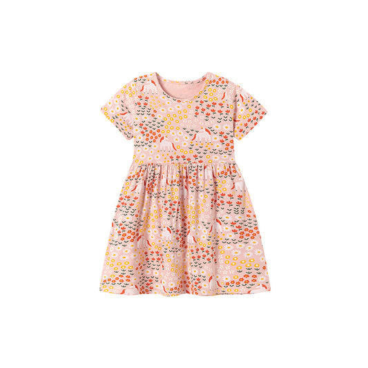 Summer Arrival Flowers and Animals Pattern Short Sleeves Dress for Stylish Girls, MyKids-USA®, Baby & Toddler Dresses, MyKids-USA - Size/Age - 90 (12-24M) - Color - Pink -  -  - TR2601281109-A.