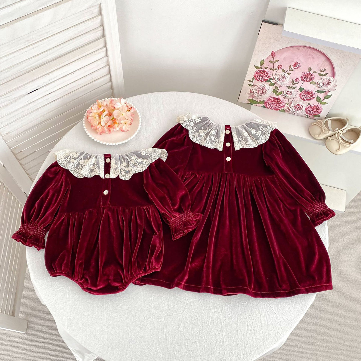MyKids-USA® Baby Girls Lace Trim Collar Long-sleeved Bodysuit or Dress – Princess Sister Matching