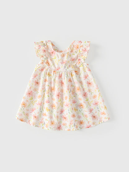 Summer Arrival Colorful Flowers Pattern Fly Sleeves Dress for Stylish Girls