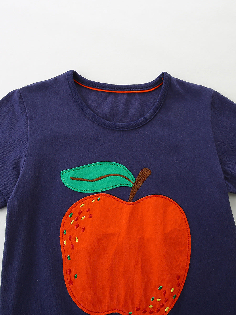 Summer Arrival Girls’ Apple Pattern Short Sleeves T-shirt in European and American Style