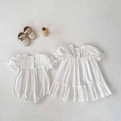 Summer Baby Girls Flowers Embroidery Pattern Hollow Out Short Sleeves Onesies