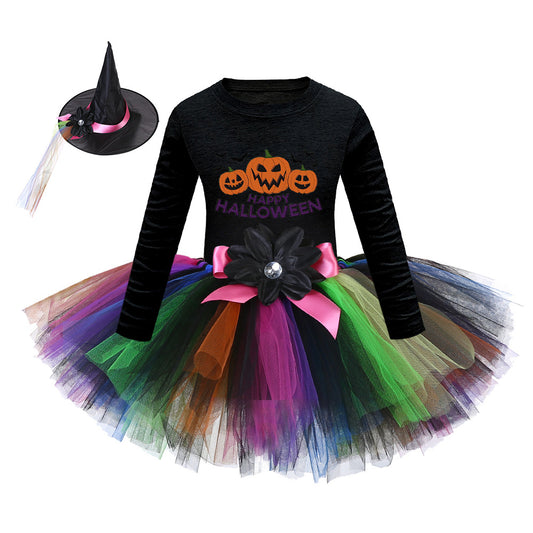 Arrival Girls’ Halloween Costume: Long Sleeves Cartoon Printed Witches Cosplay Party Tulle Patchwork Dress with Hat Set, MyKids-USA®, Costume Dresses, MyKids-USA - Size/Age - S (1-3Y) - Color - Black -  -  - TR2409091008-C.