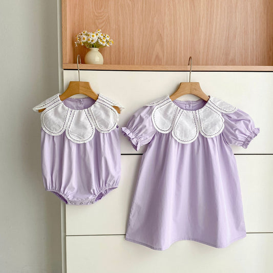 Design Summer Girls Hollow Out Flower Collar Sleeveless Bodysuit and Short Sleeves Dress – Sister Matching Clothing Set, MyKids-USA®, Baby & Children's Outfits, MyKids-USA -  -  -  -  -  -  - .