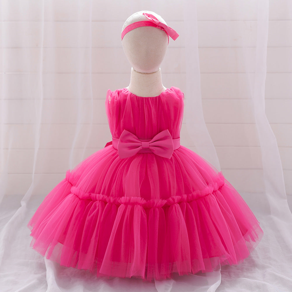 New Arrival Summer Baby Kids Girls Sleeveless Solid Color Ruffle Mesh Bow Tied Dress