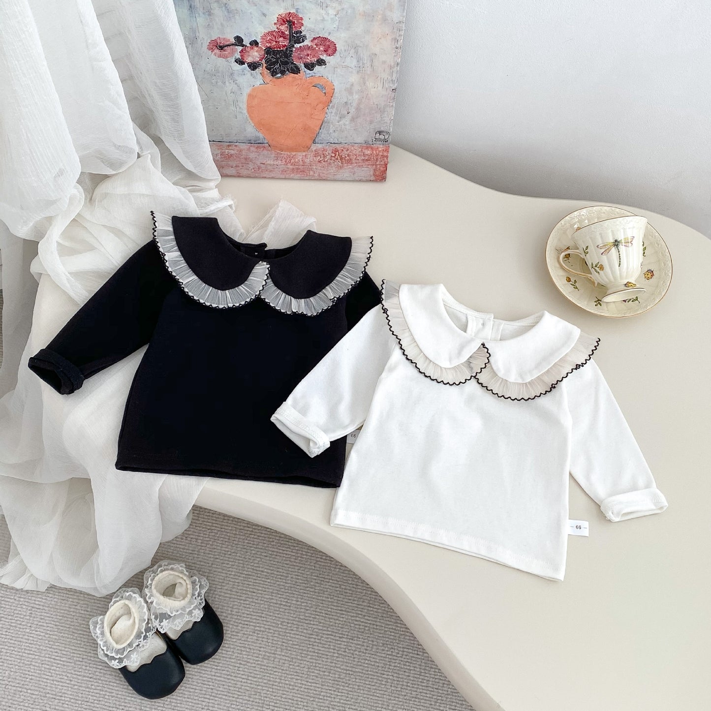 Arrival Spring Girls Long Sleeves Lace-trim Turn-down Collar Top and Sleeveless Onesies Set Clothing Set, MyKids-USA®, Baby One-Pieces, MyKids-USA -  -  -  -  -  -  - 