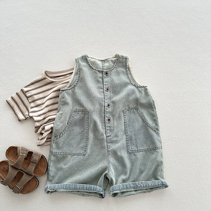 Summer Unisex Baby Denim Sleeveless Half Open-Front Overalls Romper, MyKids-USA®, Baby One-Pieces, MyKids-USA -  -  -  -  -  -  - 