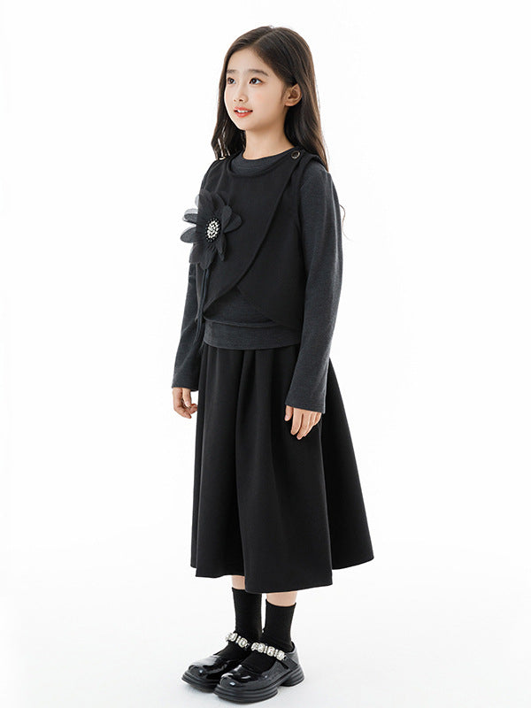 Arrival Autumn Kids Girls Grey Top, Black Sleeveless Vest and Skirt Clothing Set