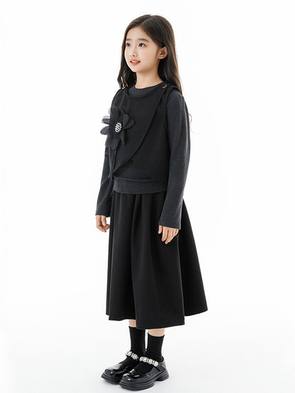 Arrival Autumn Kids Girls Grey Top, Black Sleeveless Vest and Skirt Clothing Set
