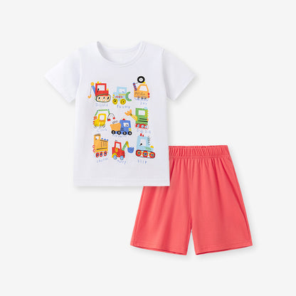 Summer Hot Selling Baby Kids Boys Short Sleeves Cartoon Pattern T-shirt and Red Shorts Clothing Set