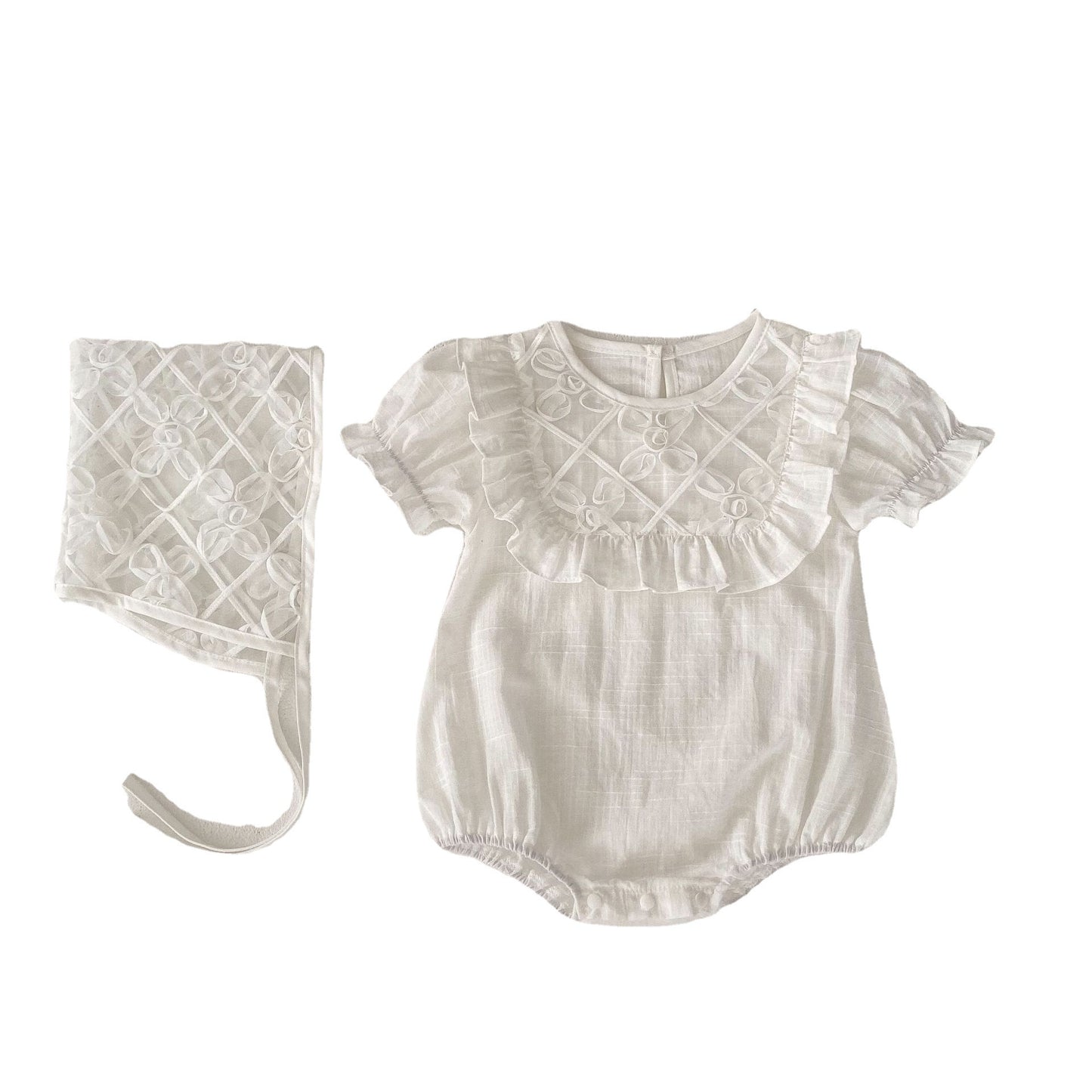 Baby Girl White Puff Sleeves Summer Onesies With Hat