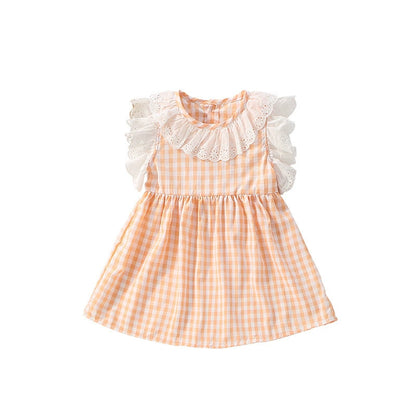 Summer Arrival Plaid Pattern Fly Sleeves Lace Decorated Dress for Stylish Girls, MyKids-USA®, Baby & Toddler Dresses, MyKids-USA - Size/Age - 90 (12-24M) - Color - Orange -  -  - TR2506082206-A
