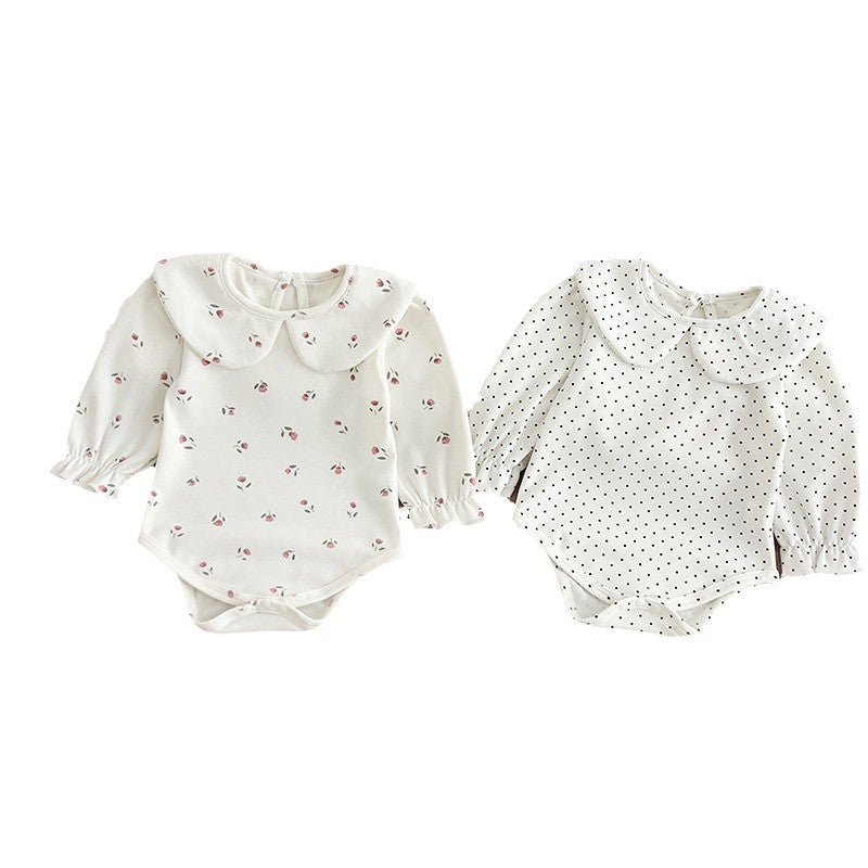 SpringArrival Baby Girls Long Sleeves Dots/Floral Pattern Peter Pan Collar White Onesies, MyKids-USA®, Baby One-Pieces, MyKids-USA -  -  -  -  -  -  - 