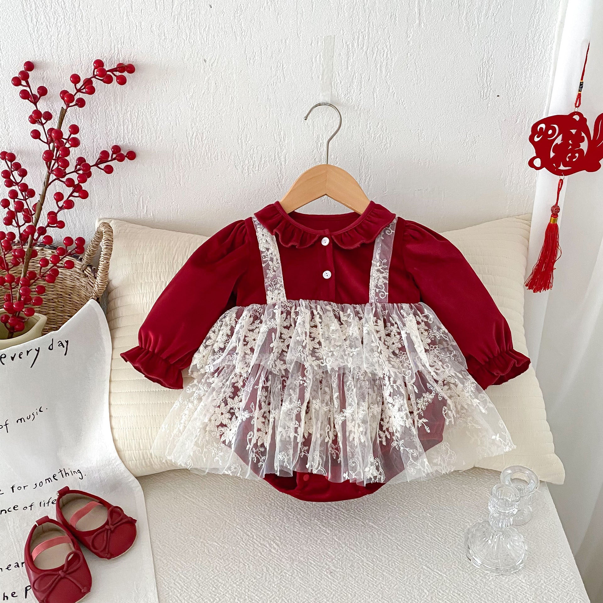 Arrival Baby Girls Long Sleeves Ruffle Collar Onesies Bodysuits Tulle Patchwork Dress, MyKids-USA®, Baby One-Pieces, MyKids-USA -  -  -  -  -  -  - 