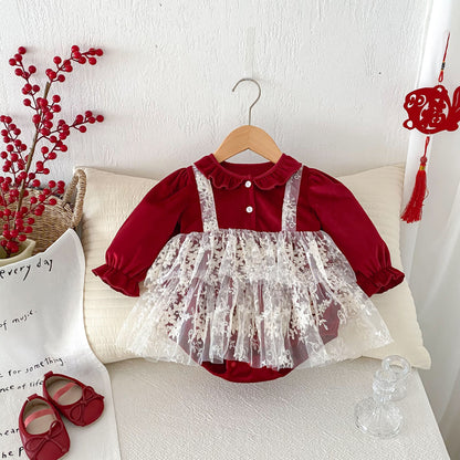 Arrival Baby Girls Long Sleeves Ruffle Collar Onesies Bodysuits Tulle Patchwork Dress, MyKids-USA®, Baby One-Pieces, MyKids-USA -  -  -  -  -  -  - 