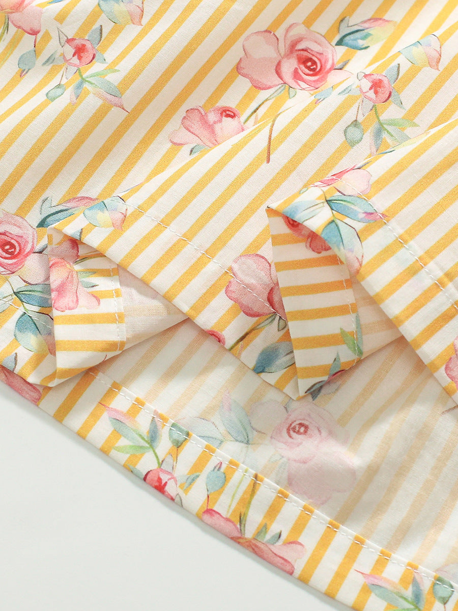 New Design Summer Girls Sleeveless Flowers Print Yellow Striped Strap Dress