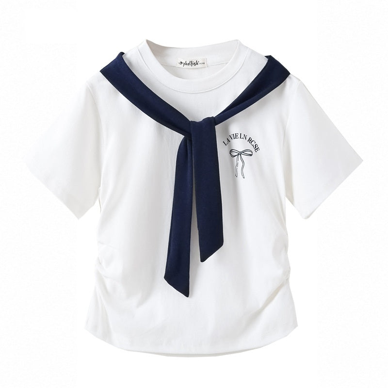 Summer Girls’ Letters Pattern Navy T-shirt in European and American Style, MyKids-USA®, T-Shirts, MyKids-USA - Size/Age - 120 (5-7Y) - Color - White -  -  - TR2605222223-A.