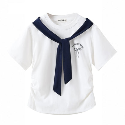 Summer Girls’ Letters Pattern Navy T-shirt in European and American Style, MyKids-USA®, T-Shirts, MyKids-USA - Size/Age - 120 (5-7Y) - Color - White -  -  - TR2605222223-A.
