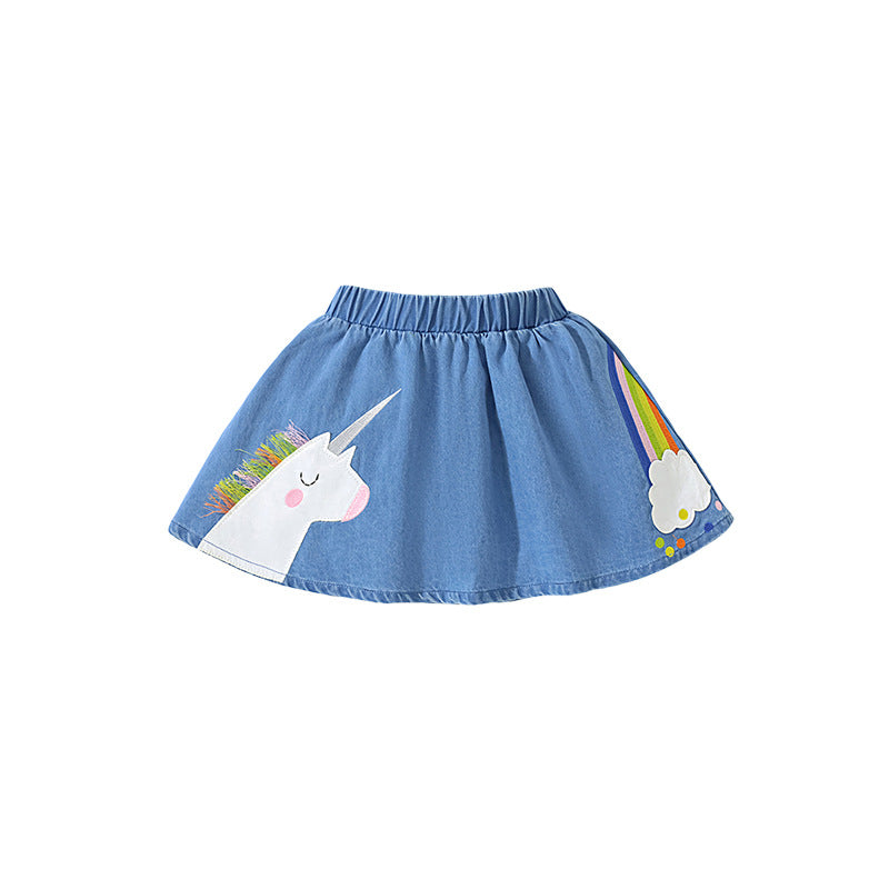 Girls Denim Skirts With Unicorn Rainbow Cartoon Embroidery