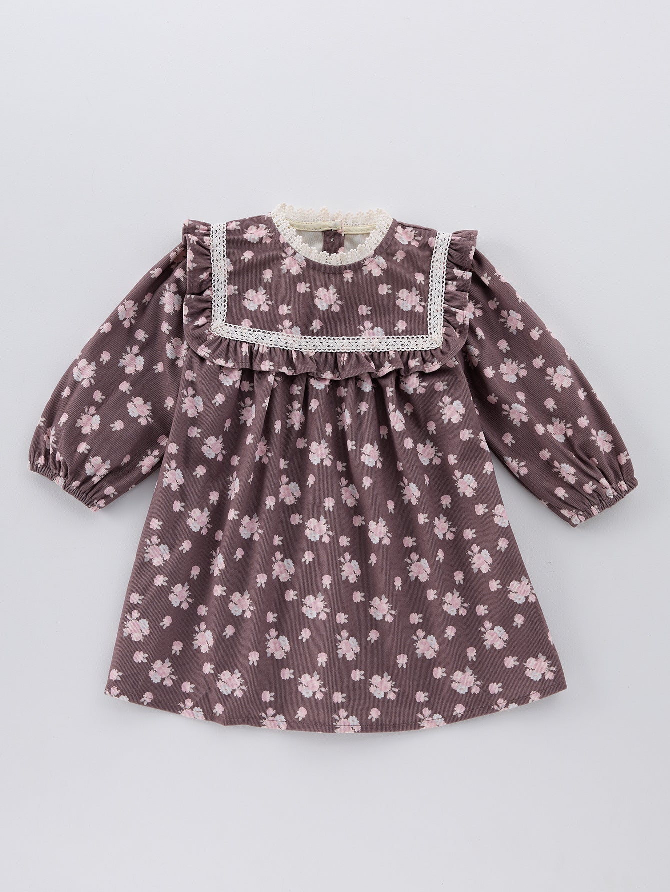 Spring and Autumn Floral Printed Long-sleeved Dress with Lace Neck for Stylish Girls, MyKids-USA®, Baby & Toddler Dresses, MyKids-USA - Size/Age - 90 (12-24M) - Color - Coffee -  -  - TR2502172137-B