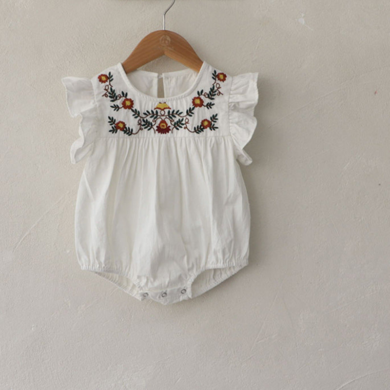 Summer Arrival Baby Girls Fly Sleeves Flowers Pattern Embroidered Bodysuit