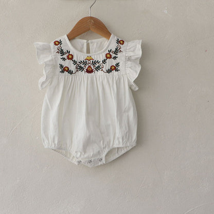 Summer Arrival Baby Girls Fly Sleeves Flowers Pattern Embroidered Bodysuit