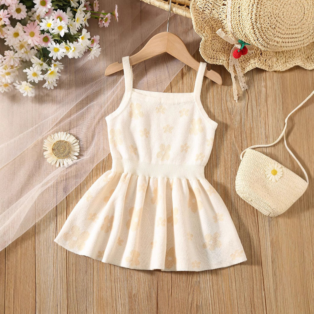 Summer Baby Kids Girls Sleeveless Floral Pattern Knitted Strap Dress, MyKids-USA®, Baby & Toddler Dresses, MyKids-USA - Size/Age - 80 (9-12M) - Color - Beige -  -  - TR2506171649-A