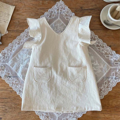 Baby Girl Solid V-Collars Combo Pockets Design Dress