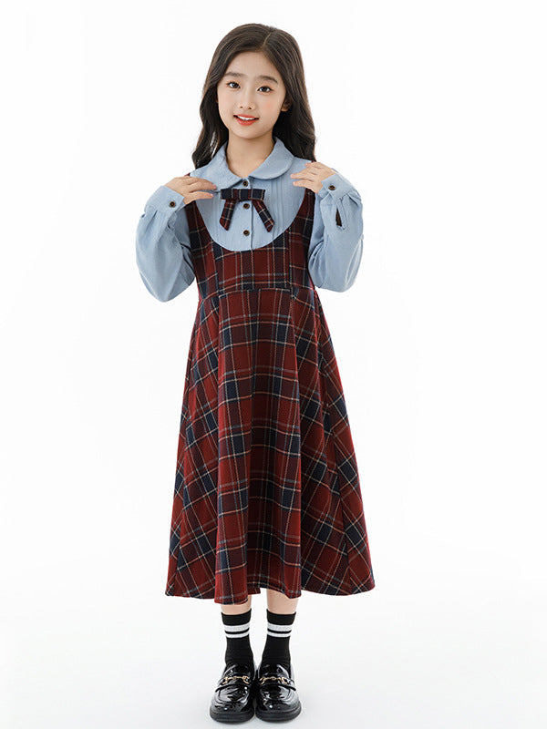 Autumn Arrival Long Sleeves Color Patchwork Preppy Plaid Pattern Dress for Stylish Girls