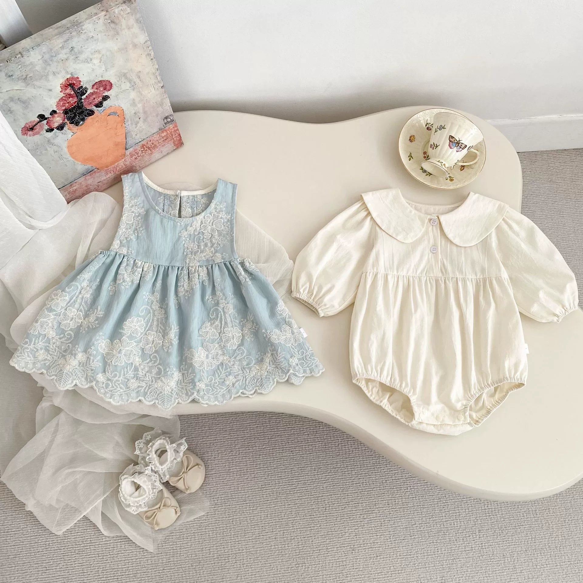 Spring and Autumn Baby Kids Girls Cherry Pattern Long Sleeves Beige Onesies and Flowers Embroidered Sleeveless Dress Clothing Set, MyKids-USA®, Baby One-Pieces, MyKids-USA -  -  -  -  -  -  - 