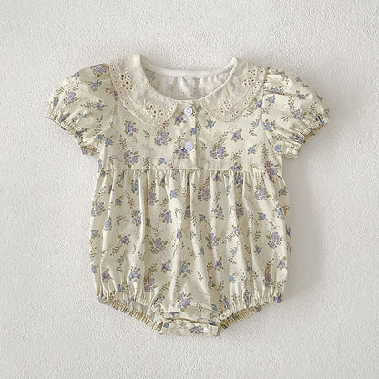 Summer Arrival Baby Girls Vintage Short Sleeves Floral Pattern bodysuit with Hollow-out Collar, MyKids-USA®, Baby One-Pieces, MyKids-USA -  -  -  -  -  -  - .