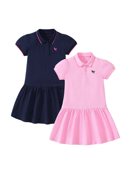 Summer Baby Kids Girls Short Sleeves Black Logo Polo Design Pink Dress