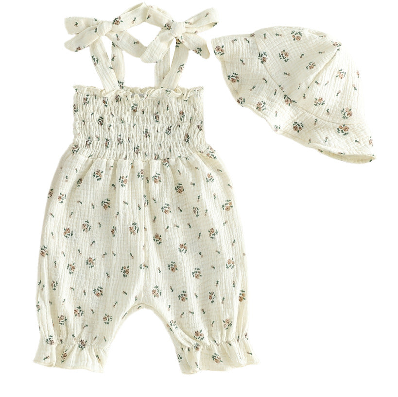 Design Summer Baby Kids Girls Sleeveless Flowers Pattern Rompers with Hat