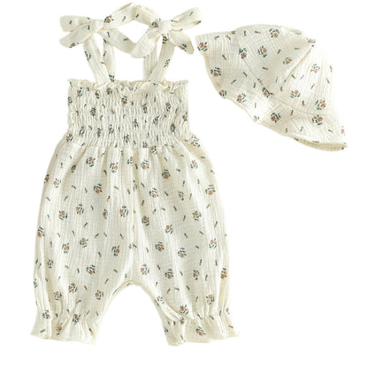 Design Summer Baby Kids Girls Sleeveless Flowers Pattern Rompers with Hat