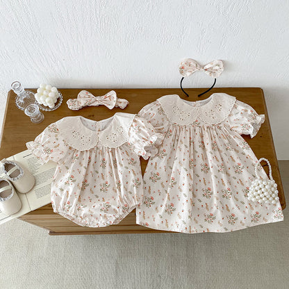 Summer Girls Flowers And Animals Pattern Short Sleeves Hollow Out Collar Onesies And Dress – Sister Matching Clothing Set, MyKids-USA®, Baby & Toddler Outfits, MyKids-USA -  -  -  -  -  -  - 